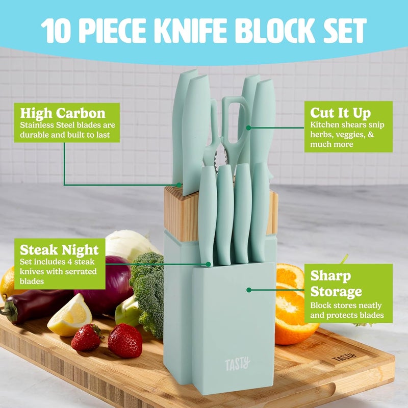 Tasty Kitchen Knife Set with Block, Cutlery Set includes Chef, Bread, Utility, Paring, Steak Knives & Shears, 10-Piece, Aqua - Image 2